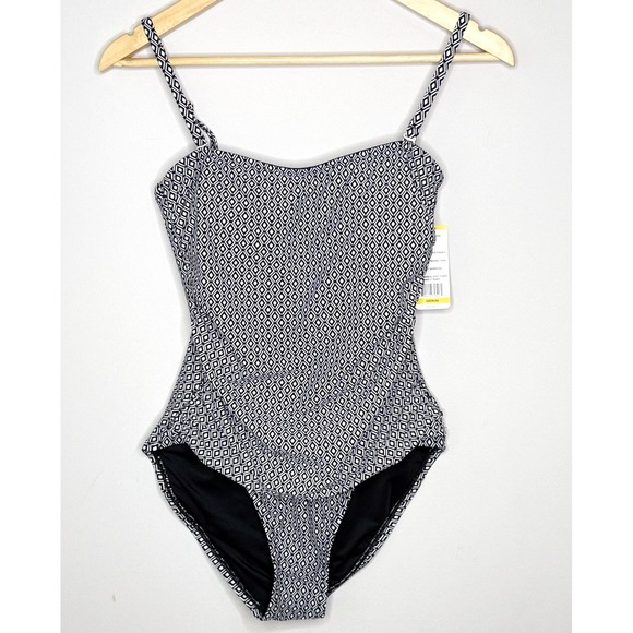 DKNY Women's Removable Straps One Piece Swimsuit Medium Black/White SPF - Picture 2 of 16